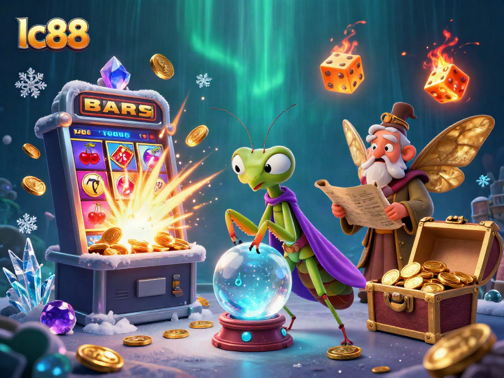 Engage with the magical lc88 casino scene featuring charming characters and vibrant slot machine elements.