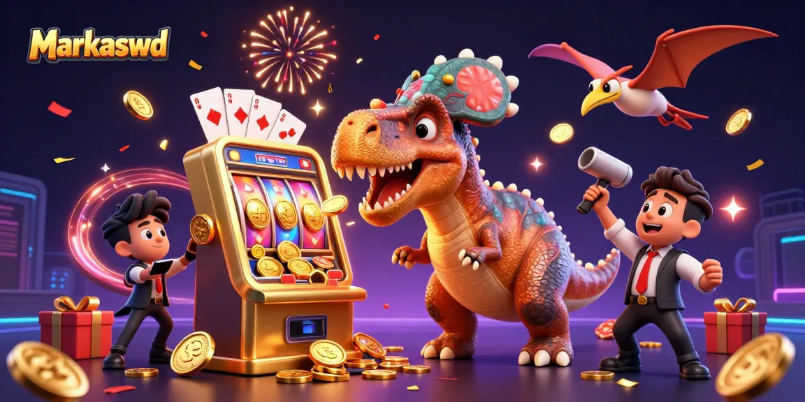 Markaswd showcases a pachycephalosaurus winning coins from a golden slot machine in a vibrant casino setting.