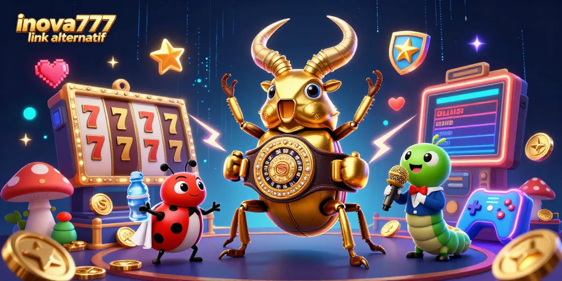 Engage with vibrant gaming action featuring inova777 link alternatif as a 3D golden stag beetle boxing champion in a casino scene.