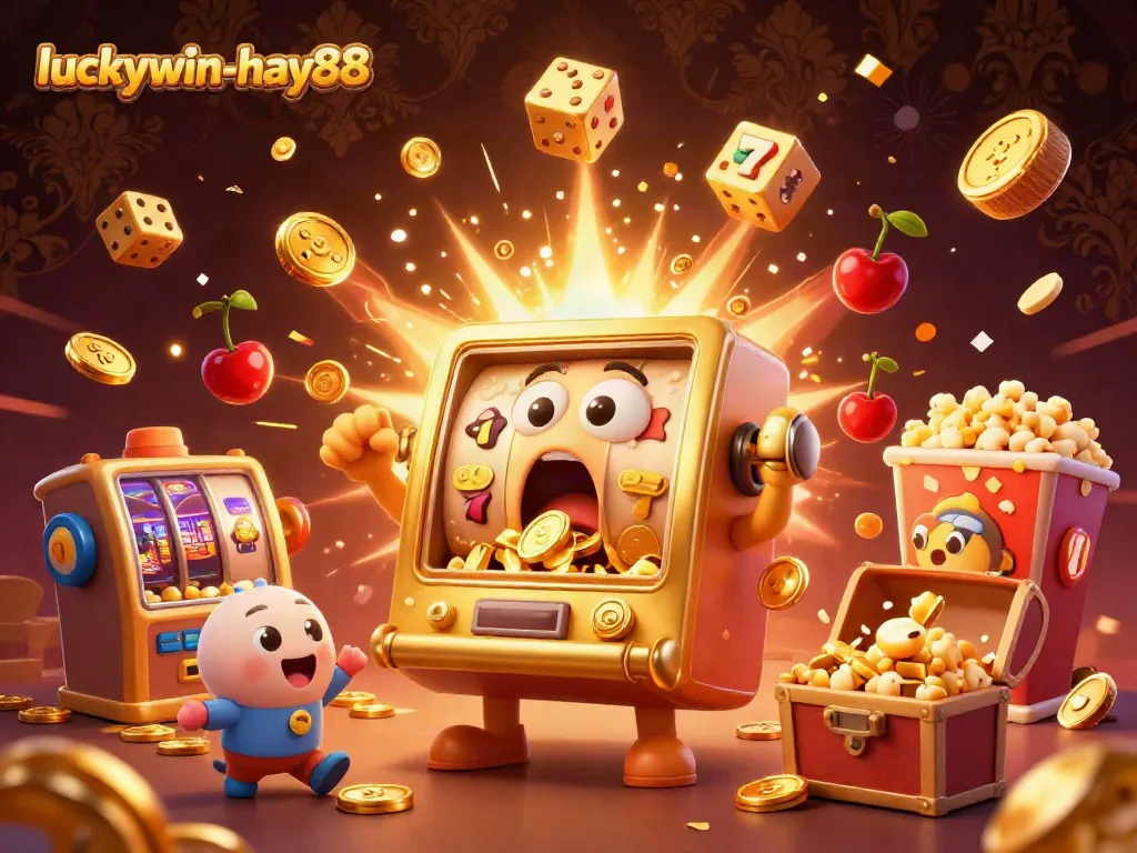 Experience the thrill of winning with luckywin-hay88's golden slot machine hitting the jackpot amidst fireworks and overflowing coins.