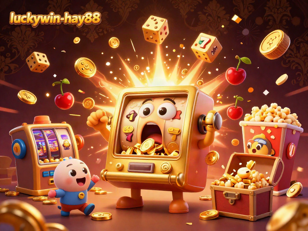 Experience the thrill of winning with luckywin-hay88's golden slot machine hitting the jackpot amidst fireworks and overflowing coins.