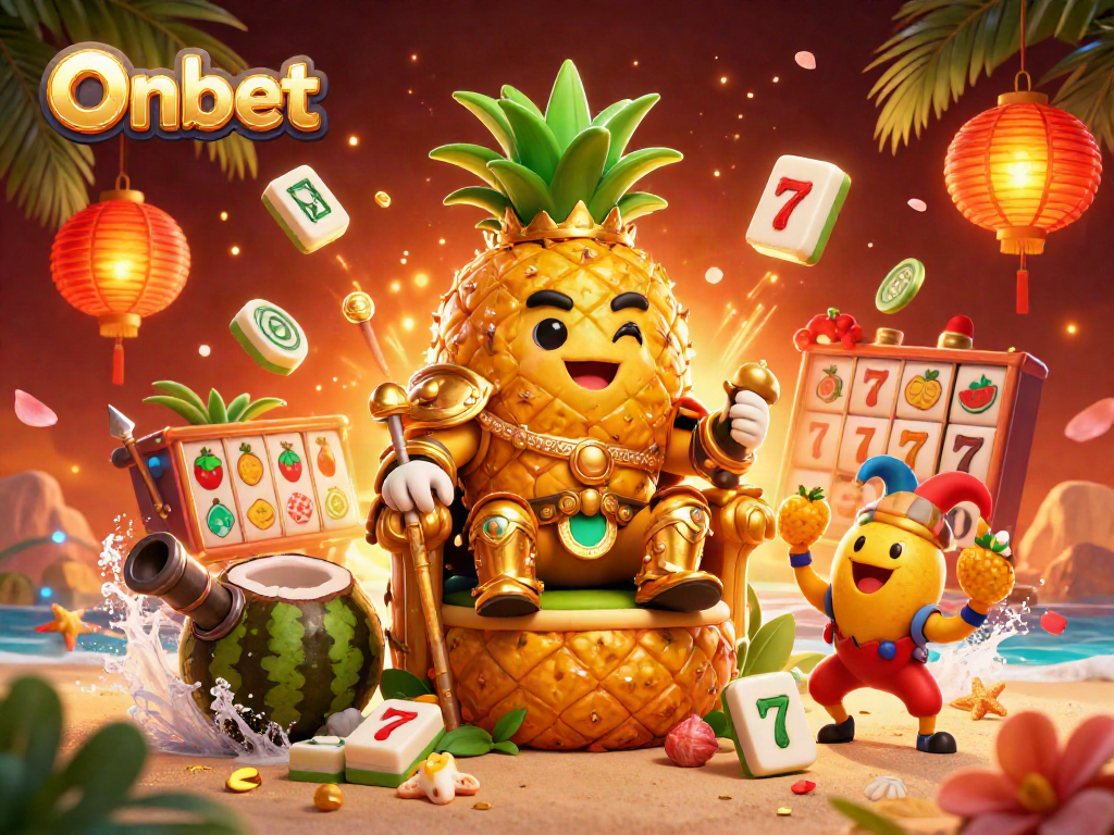 Spin the reels at Onbet with exciting characters and rich casino elements in a vibrant beach scene.