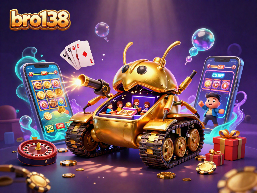 Experience the excitement of bro138 with an animated casino scene overflowing with vibrant game elements.