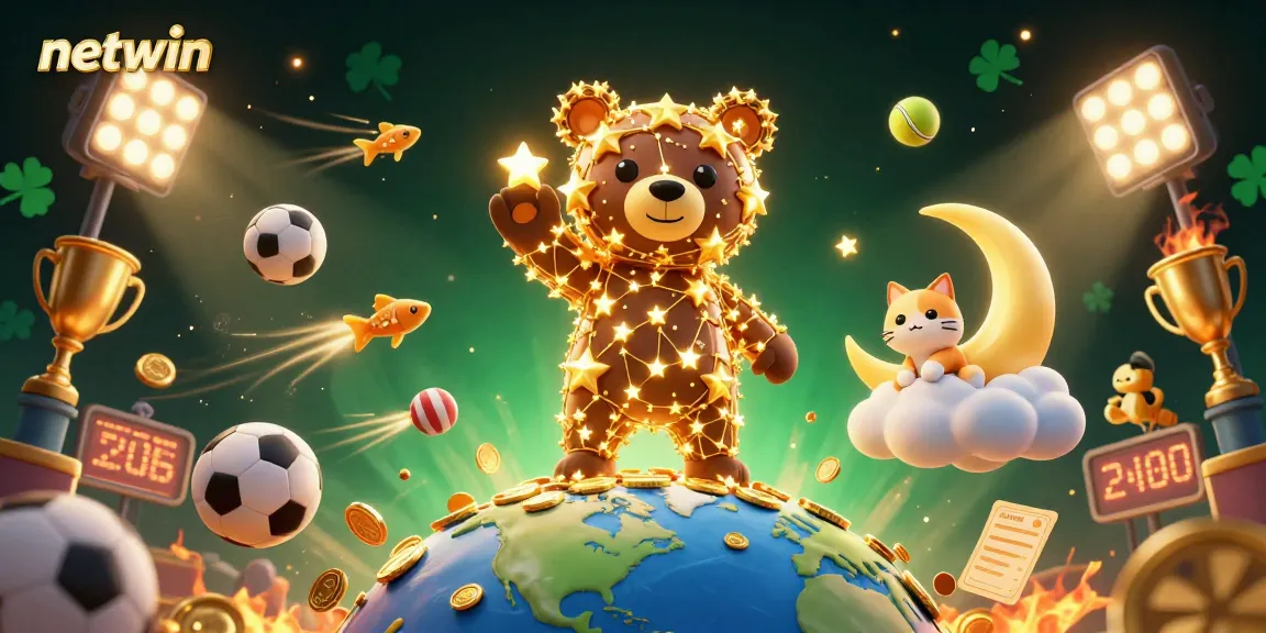 Join the excitement of netwin as a constellation bear scoops coins amidst dynamic sports elements and vibrant cosmic scenery.