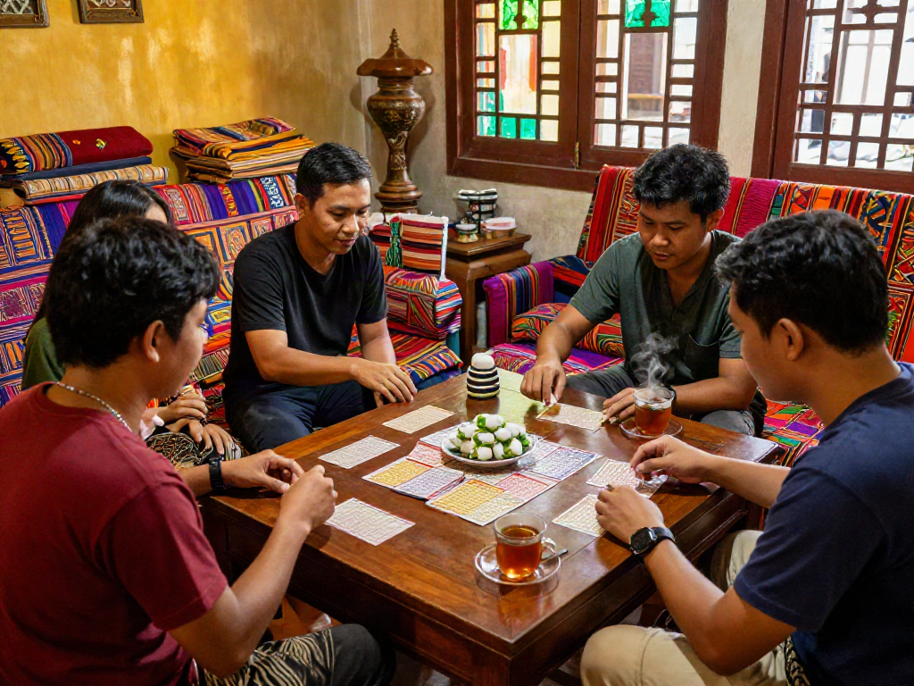 Friends enjoying Nyonya 4D game in traditional Peranakan living room, showcasing community and culture.
