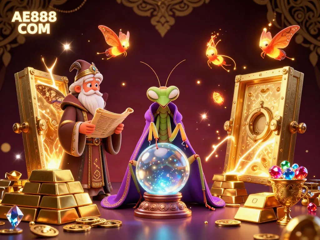 Engage with AE888 COM's vibrant casino fortune teller scene, showcasing treasures and magic.