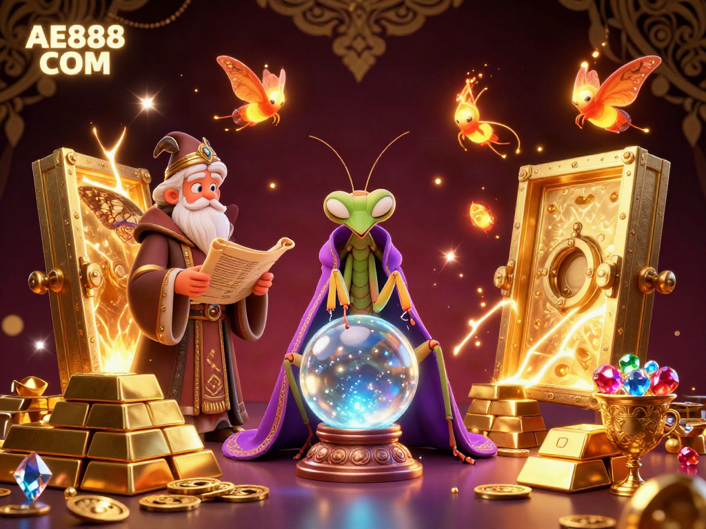 Engage with AE888 COM's vibrant casino fortune teller scene, showcasing treasures and magic.
