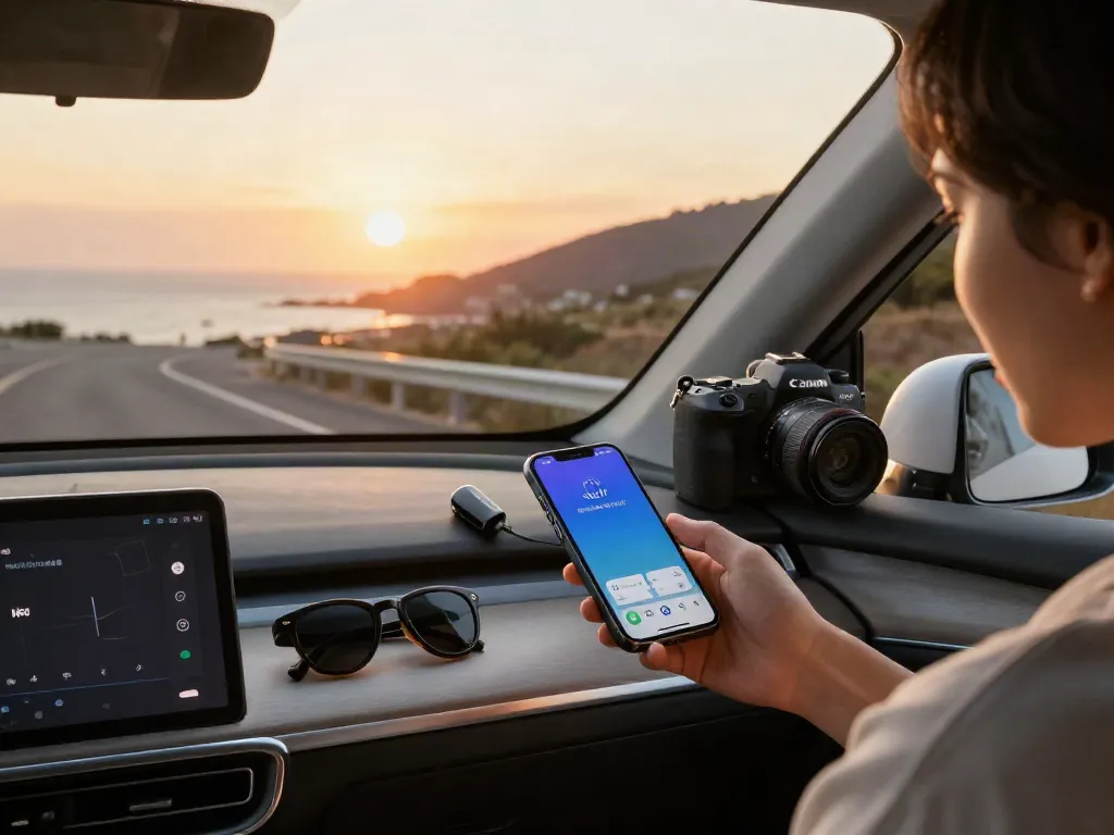 Pengguna mobil menghubungkan air88 Bluetooth aux adapter di dalam mobil modern dengan pemandangan jalan pantai saat matahari terbenam.