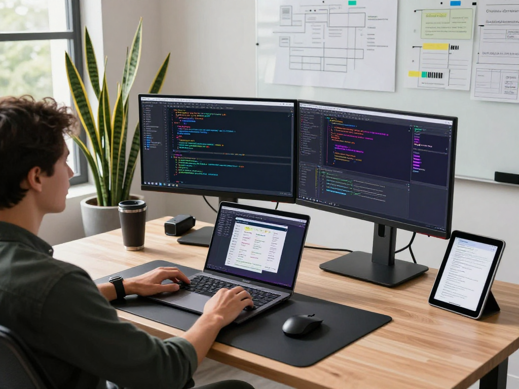Pengembang menggunakan laptop dan monitor menampilkan kode di ruang kerja modern, koloksgp.