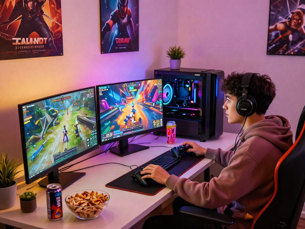 Gamer engrossed in a porn game at a high-tech setup with vibrant graphics and ambient lighting.