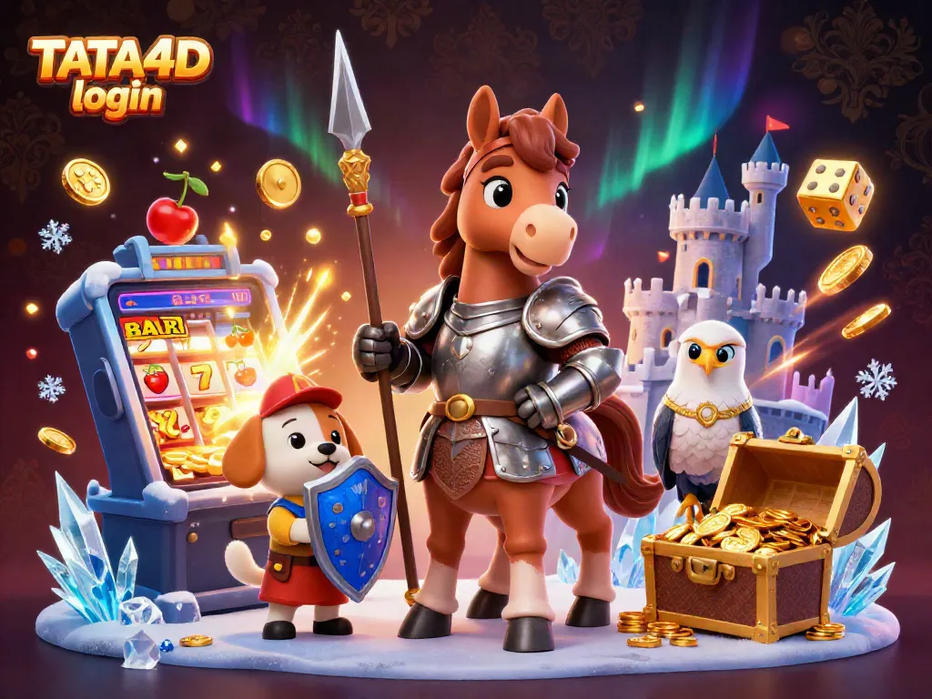 TATA4D login action with knights and a slot machine amid casino-themed excitement