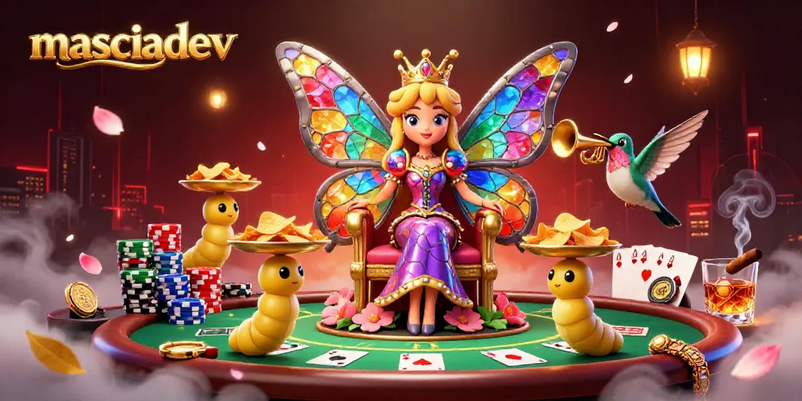 Experience the vibrant casino atmosphere of masciadev as a cartoon butterfly queen presides over a poker kingdom.