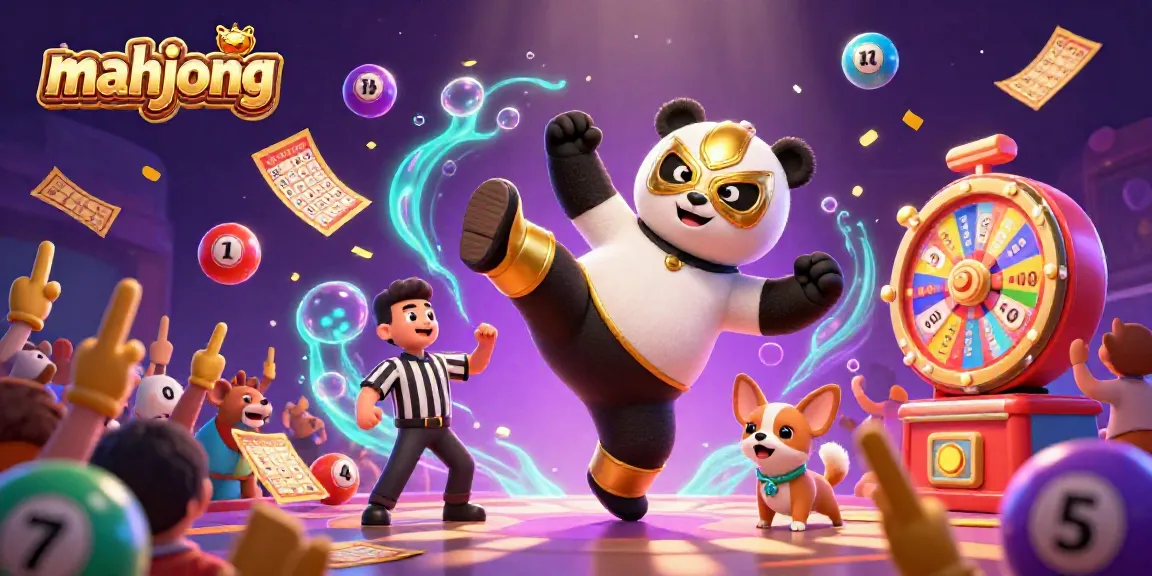 Deskripsi ilustrasi 3D mahjong menampilkan panda pegulat dan anjing wasit dalam suasana ceria untuk permainan.