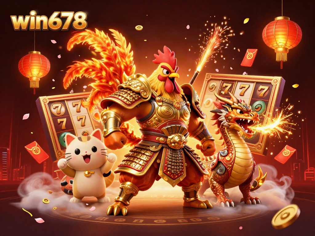Experience thrilling jackpots at win678 in a vibrant casino world with armored characters and festive elements.
