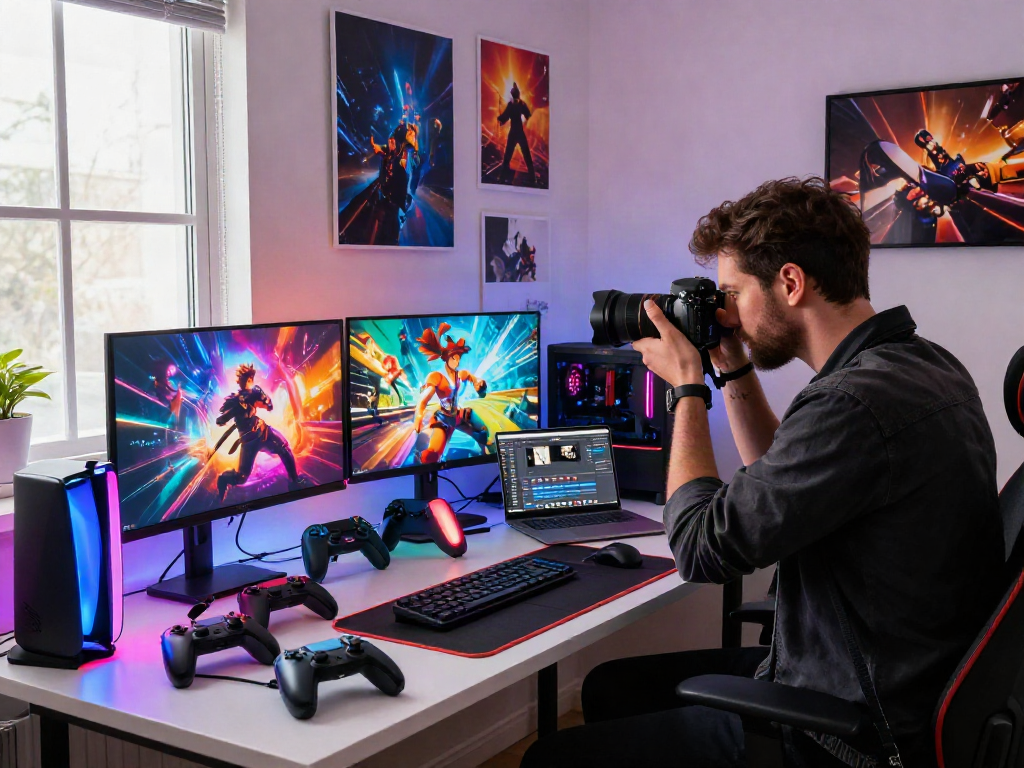 Gamer dengan setup kreatif di studio fotografi BIGHOKI88, menangkap momen gaming yang dinamis.