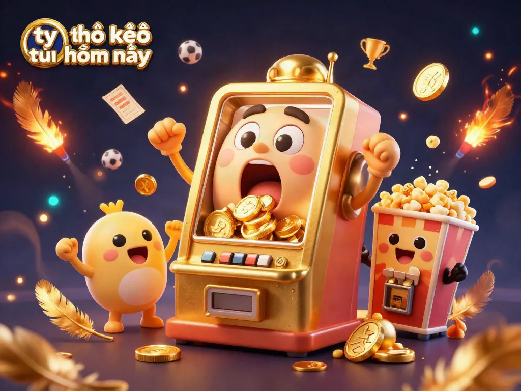 Tỷ lệ kèo nhà cái hôm nay illustrated with a golden slot machine hitting its jackpot amidst cheering baby slots and sports betting elements.