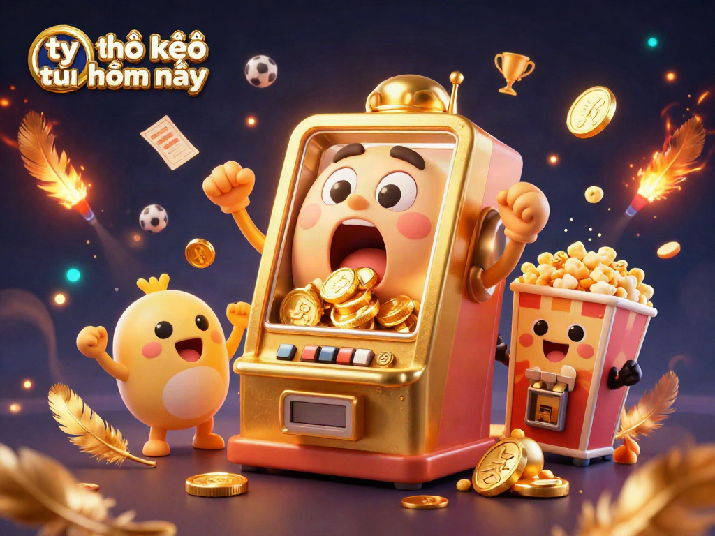 Tỷ lệ kèo nhà cái hôm nay illustrated with a golden slot machine hitting its jackpot amidst cheering baby slots and sports betting elements.