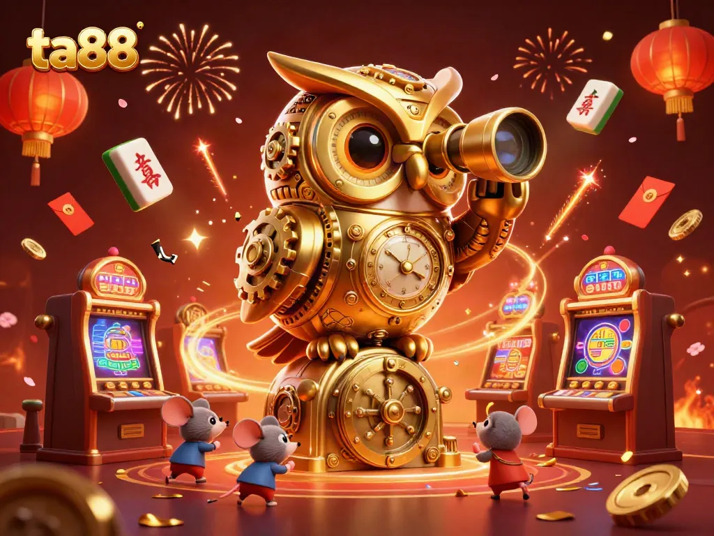 Experience the thrilling energy of ta88 with a clockwork owl overseeing a vibrant casino atmosphere.