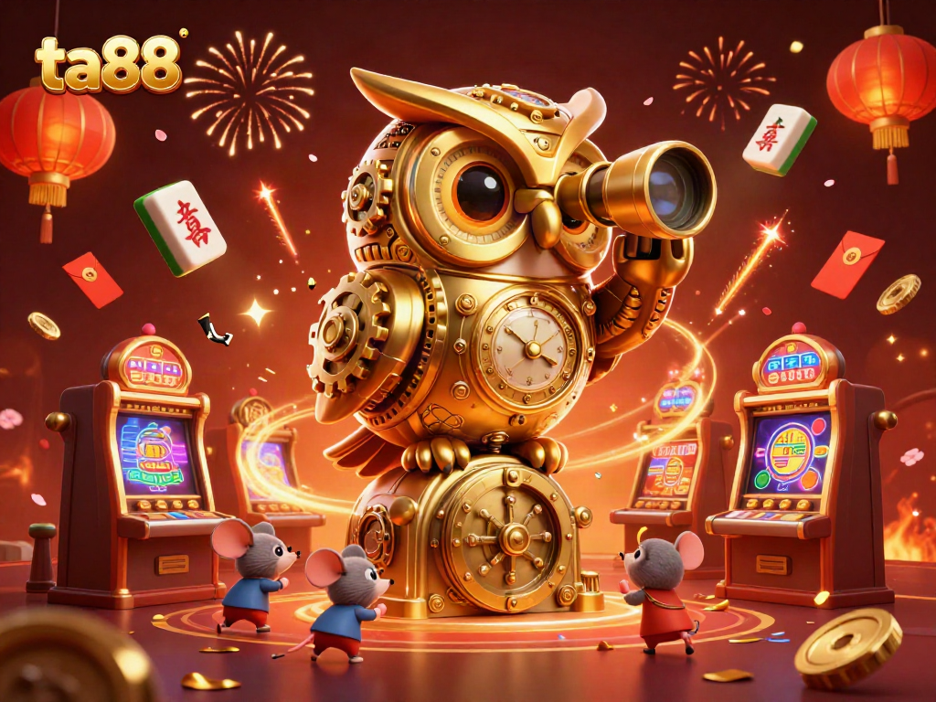 Experience the thrilling energy of ta88 with a clockwork owl overseeing a vibrant casino atmosphere.