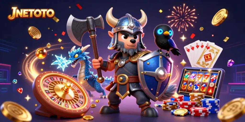 Bet on JNETOTO with a Viking warrior, dragon, and raven in an exciting casino scene.