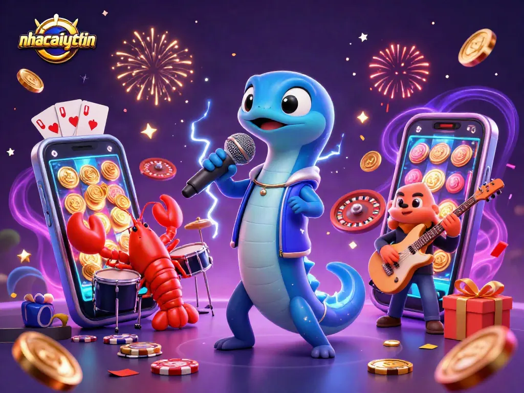 Experience the vibrant energy of nhacaiuytin with a 3D illustration of a DJ eel performing in an underwater casino.