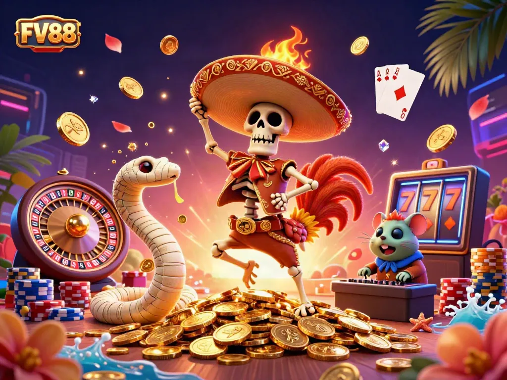 Experience FV88's vibrant casino atmosphere with cartoon characters celebrating on golden coins.