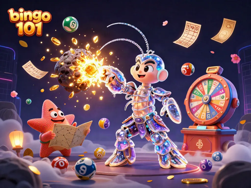 Engage with bingo 101 as the galactic mantis shrimp conquers an asteroid bursting gems in a dazzling gaming adventure.