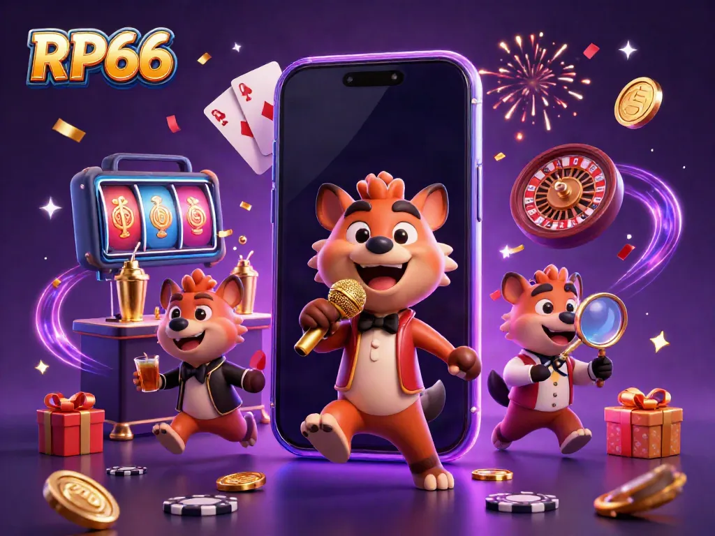 Experience the excitement of RP66 with animated hyena characters in a comedy casino atmosphere, showcasing vibrant slot games and dynamic action.