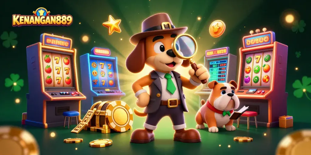KENANGAN889 illuminates a vibrant casino scene with 3D cartoon characters exploring golden poker clues amidst slot machines.