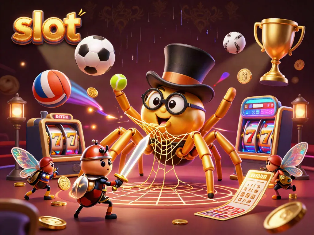 Engage in thrilling slot action with a vibrant scene of a golden tarantula and beetle knight at a casino
