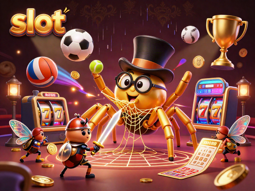Engage in thrilling slot action with a vibrant scene of a golden tarantula and beetle knight at a casino