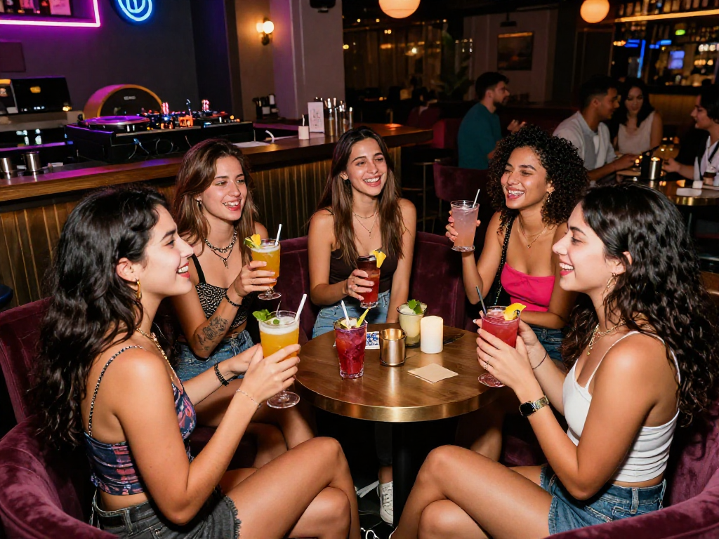 Gái gọi tại quán bar hiện đại, nhóm bạn trẻ vui vẻ tạo nên bầu không khí sôi động.