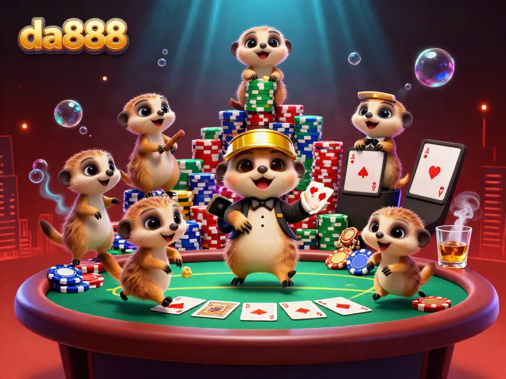 Experience the thrill of da888 casino with meerkats managing a lively poker scene amidst colorful chips and drinks.