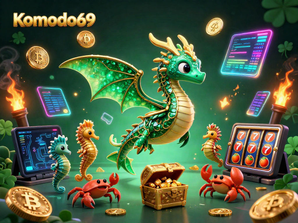 Komodo69 menyajikan ilustrasi detail 3D tentang transaksi game dengan peti harta, naga laut, dan koin crypto.