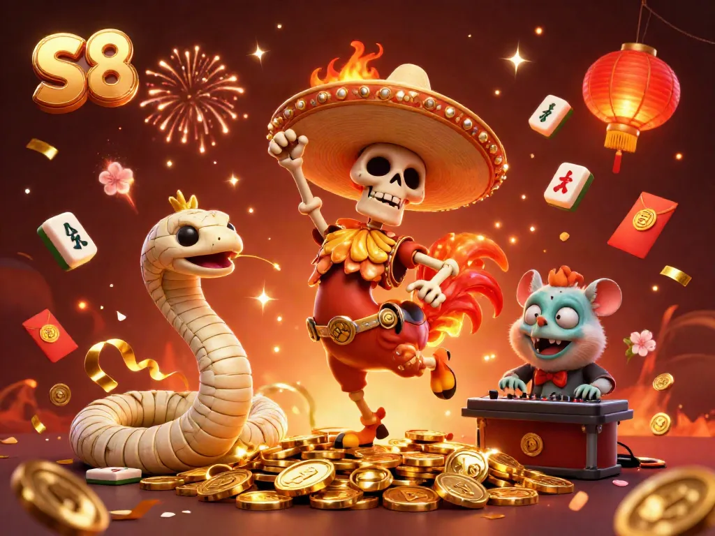S8 characters celebrating in a casino-themed scene with golden coins and festive elements