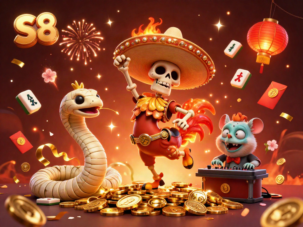 S8 characters celebrating in a casino-themed scene with golden coins and festive elements