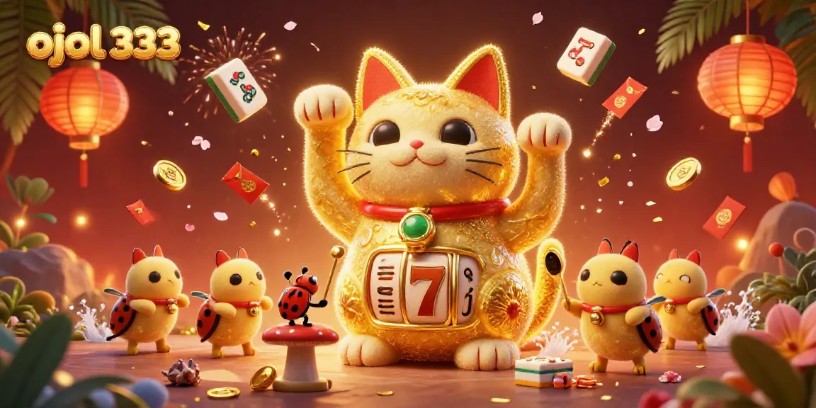 Engage with ojol 333 as golden fireflies form a lucky cat amid vibrant casino symbols.