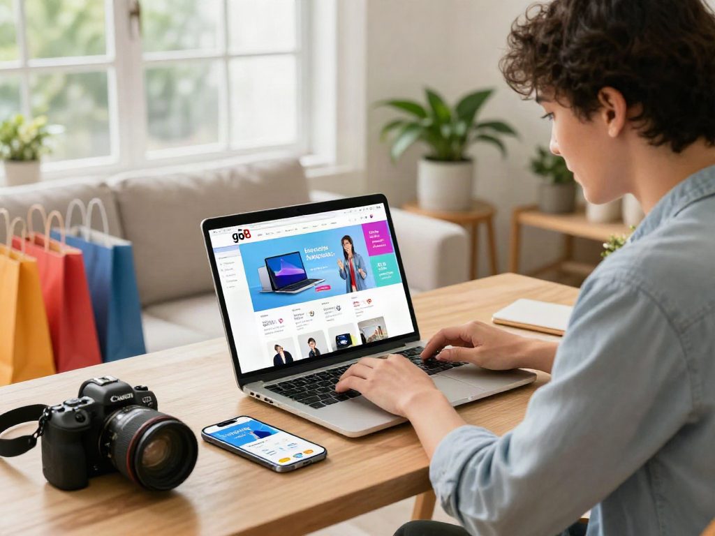 Enthusiastic shopper exploring the go8 e-commerce platform on a laptop in a stylish living space, showcasing vibrant products.