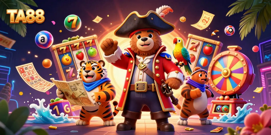TA88 casino platform showcases vibrant slot reels with dynamic symbols in a colorful 3D illustration.