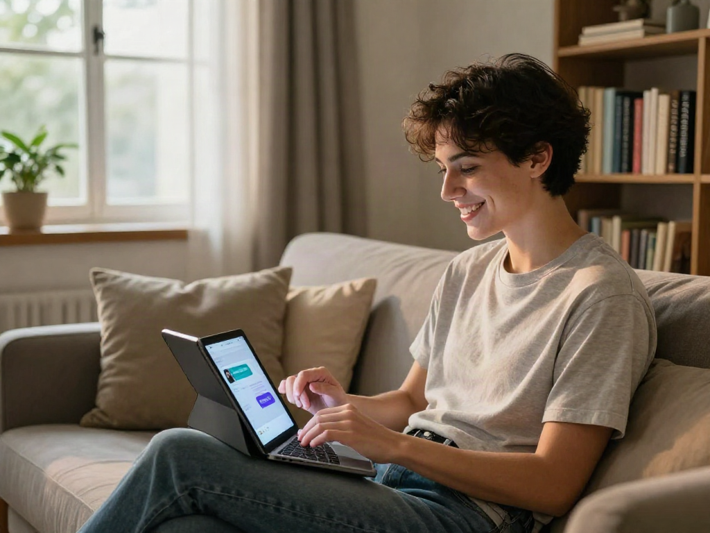 Engaging relaxing atmosphere with a person using a tablet for sex ai chat in a cozy living room.