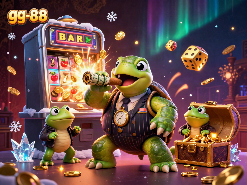 Feeling lucky with gg-88 in a vibrant casino scene featuring a cartoon turtle and enchanting slot machine.