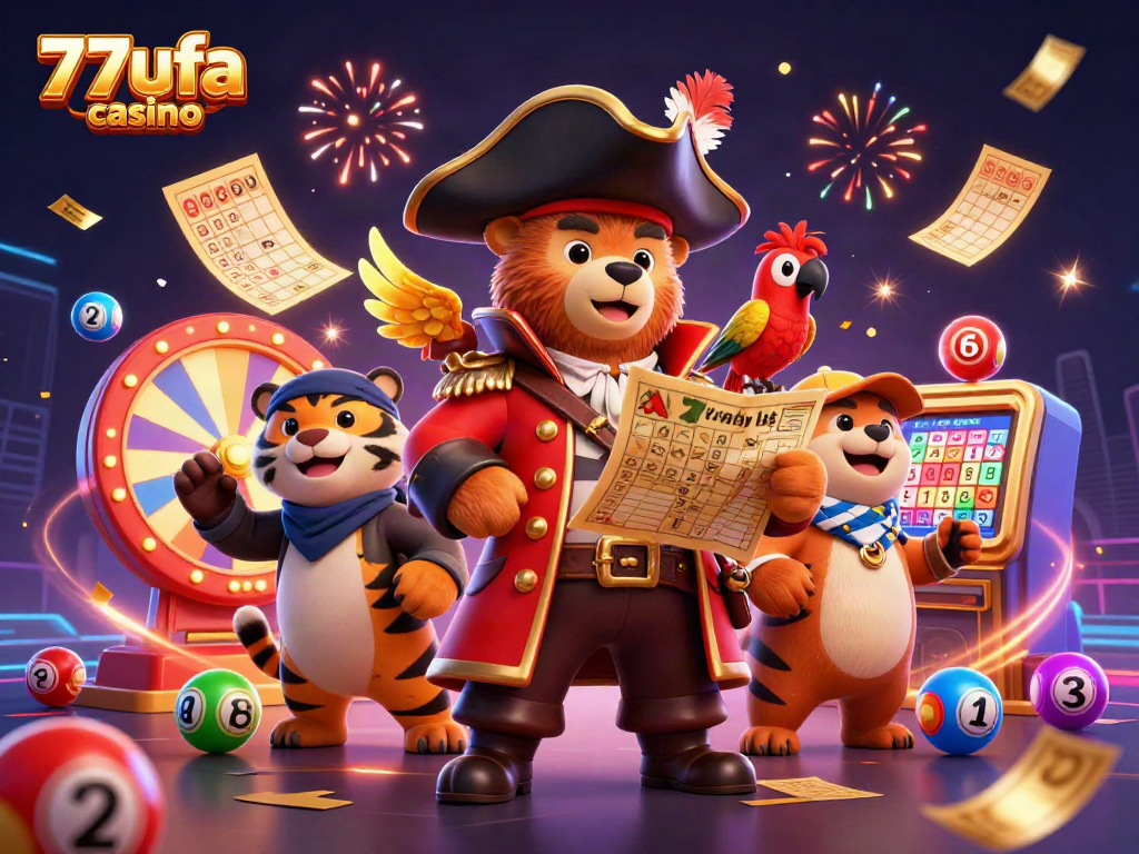Experience the excitement of 77ufa casino with a dynamic 3D pirate bear and vibrant gaming elements.