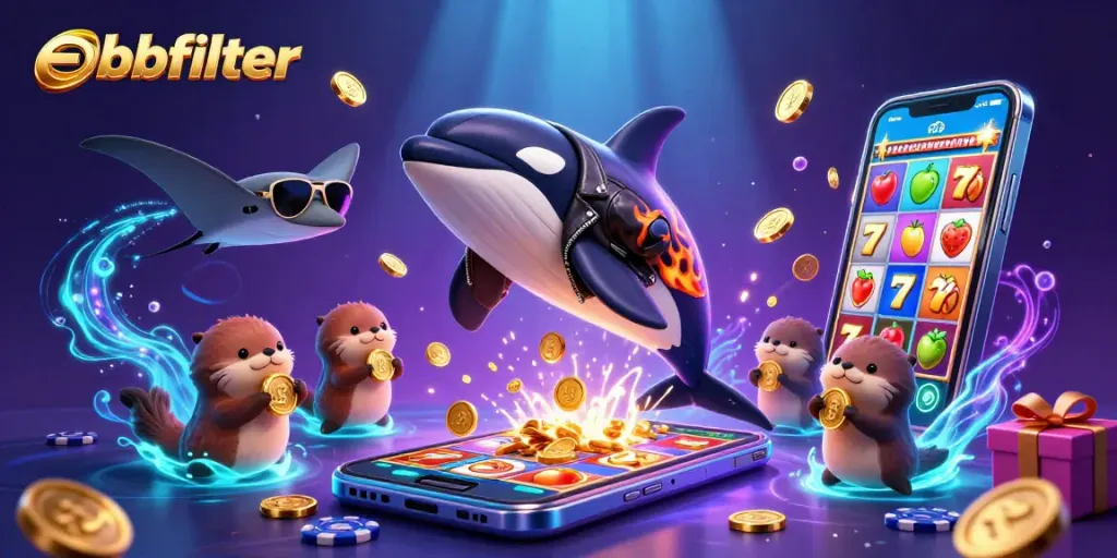 Engage in gaming fun with ebbfilter's vibrant scene of an orca, stingray, and otters among casino themes.