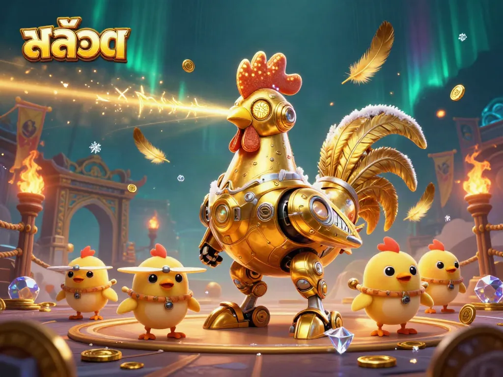 Engage in thrilling สล็อต action with a golden rooster robot and baby chick drones amidst a vibrant casino scene.