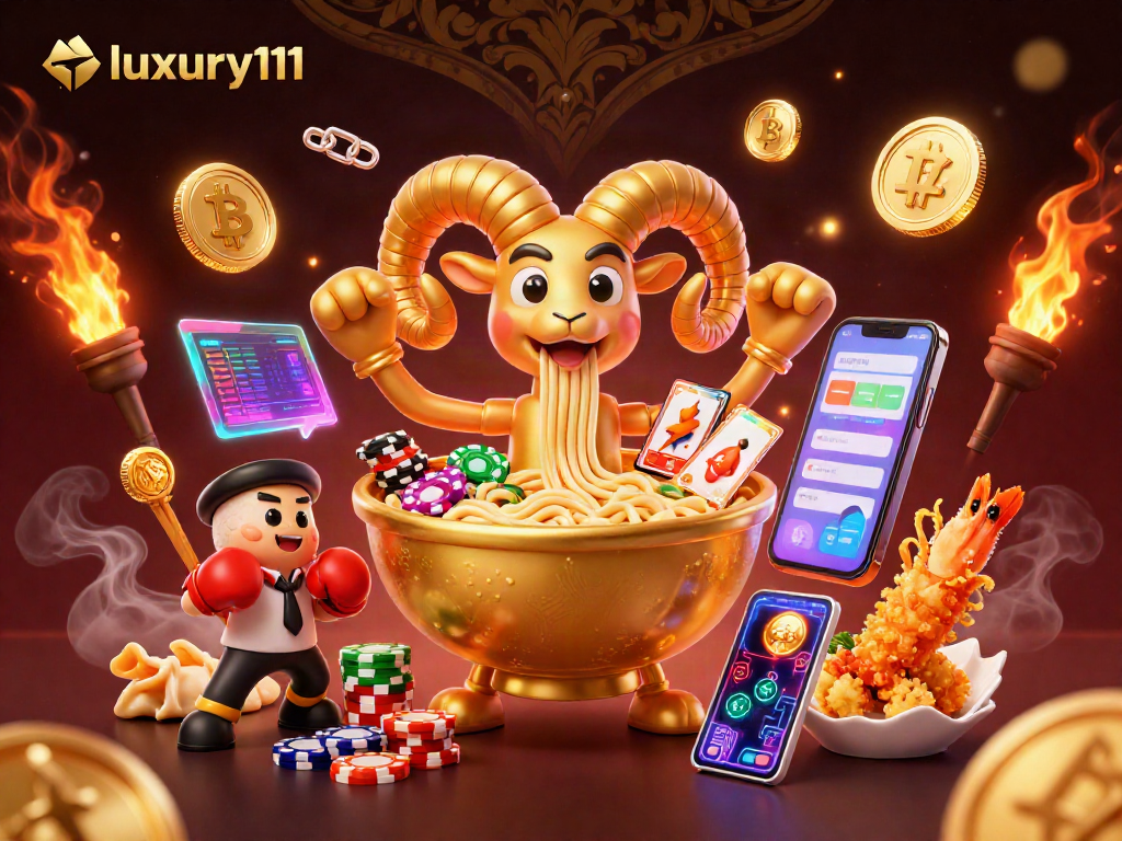 Experience luxury111 as a giant ramen bowl and friends engage in high-stakes card games.