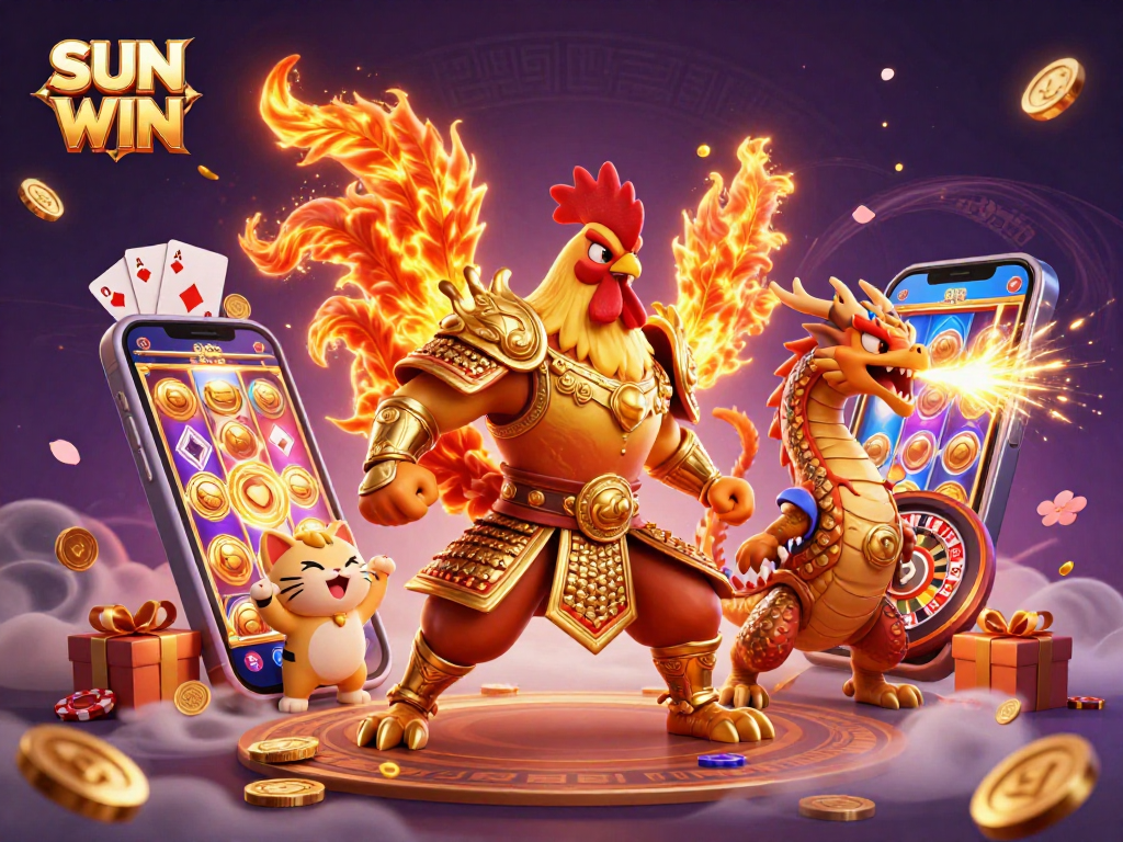 Trải nghiệm SUN WIN đặc sắc với hình ảnh gà chiến và rồng bên game slot hấp dẫn.