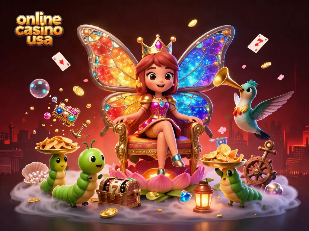 Experience the thrill of online casino usa with a vibrant illustration showcasing gaming elements and a butterfly queen.