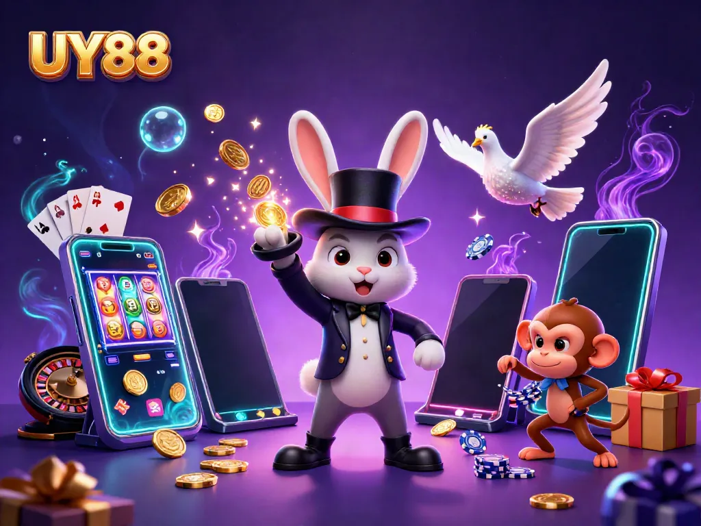 Experience UY88's thrilling casino magic with a magician rabbit pulling golden coins and engaging characters.
