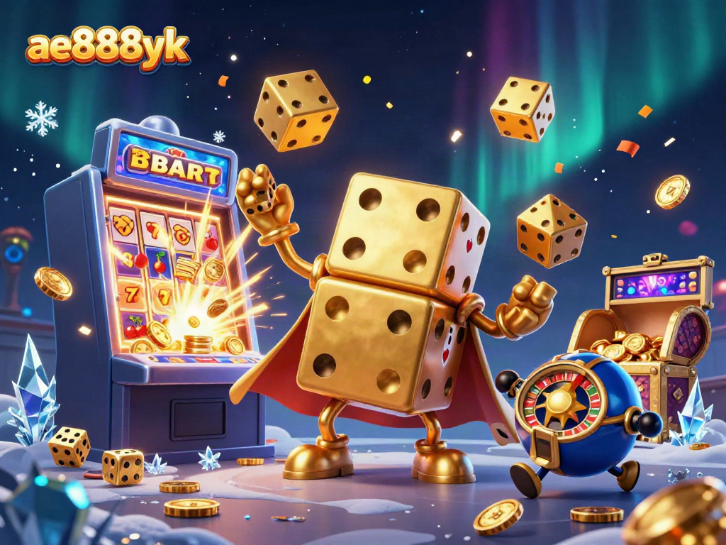 Experience the excitement at ae888yk with a lively casino scene featuring a massive dice golem and dynamic game elements.