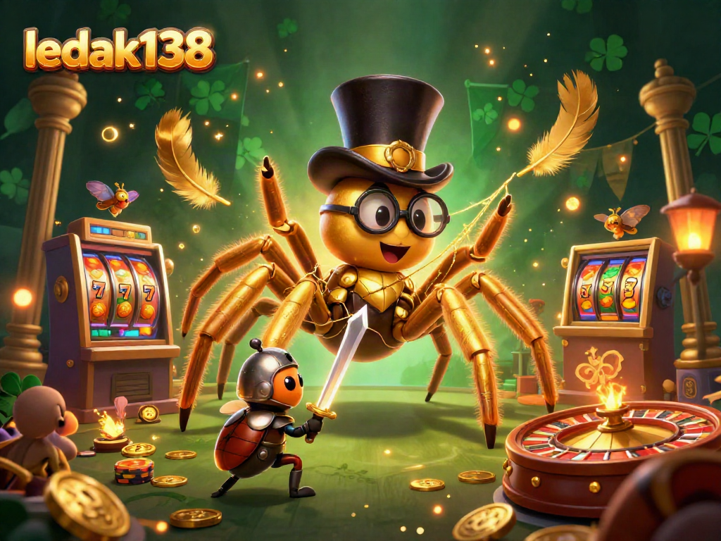 Slot permainan menarik dengan LEDAK138 di tengah karakter unik yang beraksi di kasino.